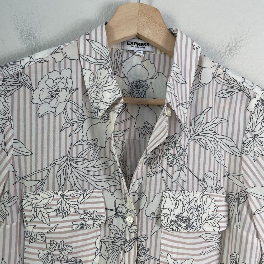 Express Womens Small City Shirt Floral Stripe Roll Tab Sleeve Button‎ Up Blouse - Picture 2 of 8